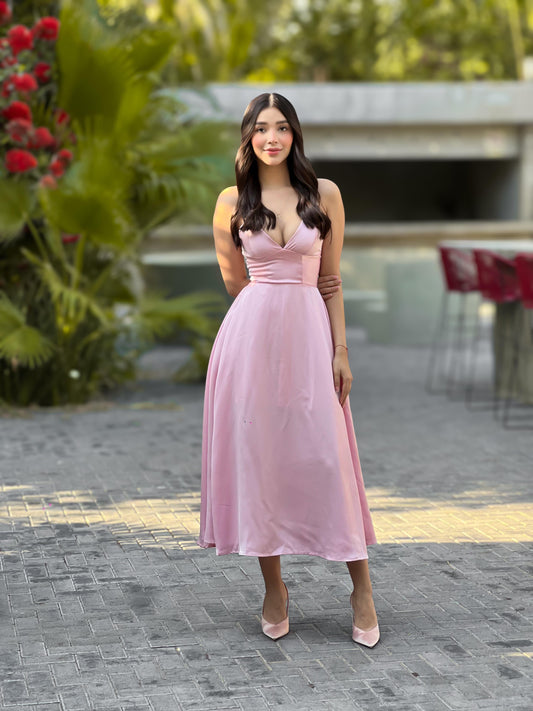 Vestido rosa midi tirantes ecote en v