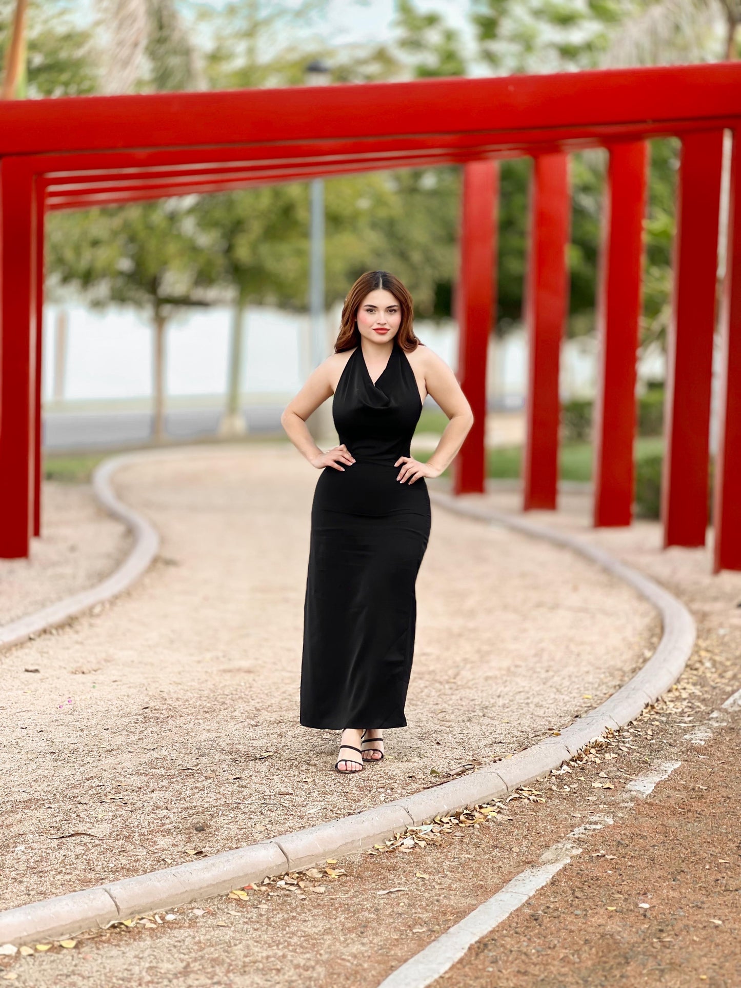 Vestido negro midi largo cuello halter