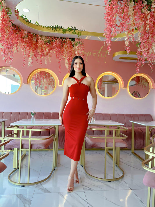 Conjunto de falda y body rojo con estoperoles